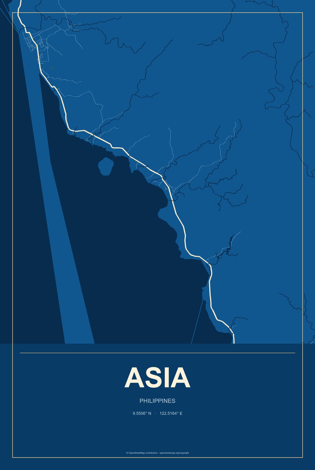 Asia, Philippines City Map Aluminum Sign in Harbor Cobalt style
