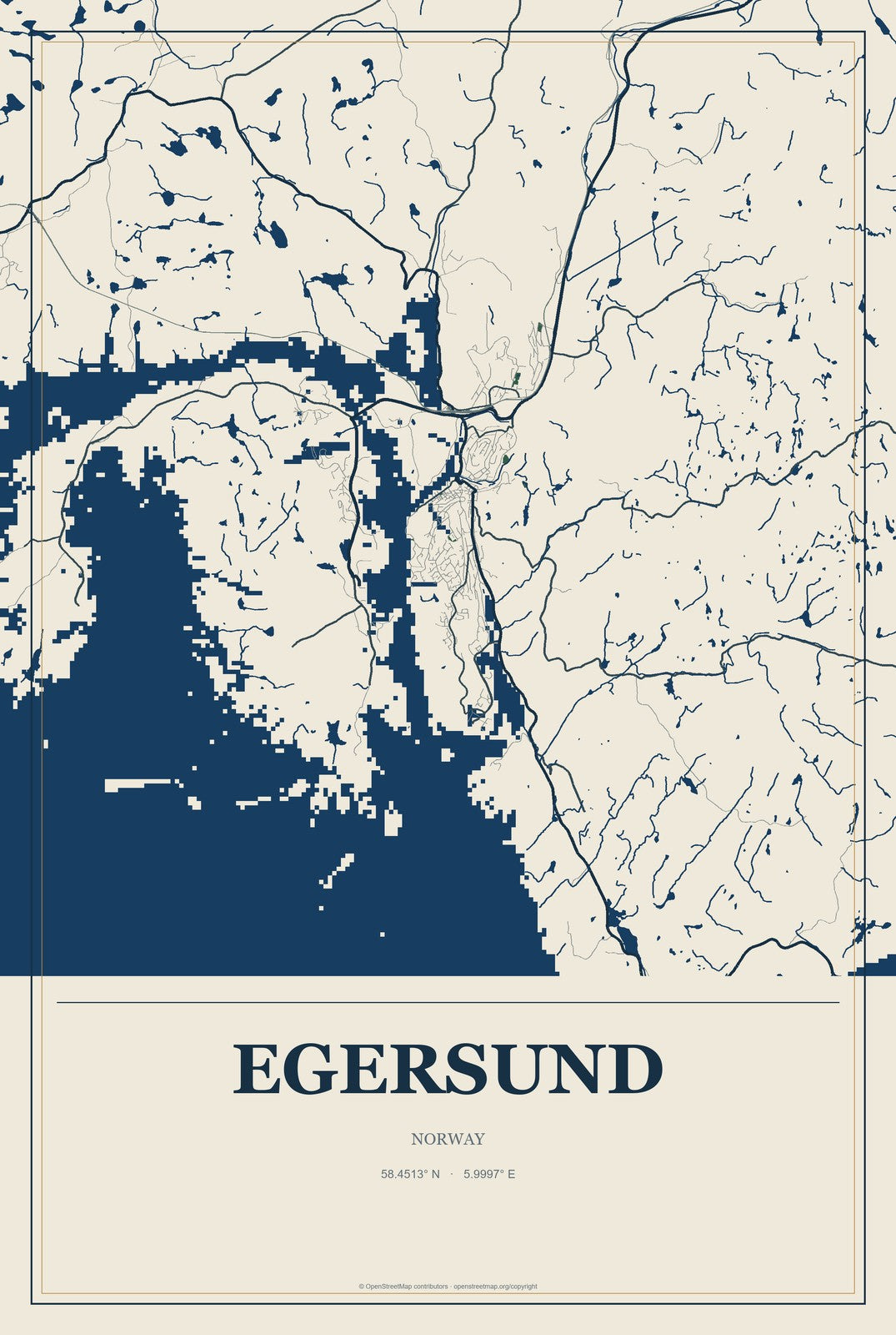 Egersund, Norway City Map Aluminum Sign in Coastal Cutout style