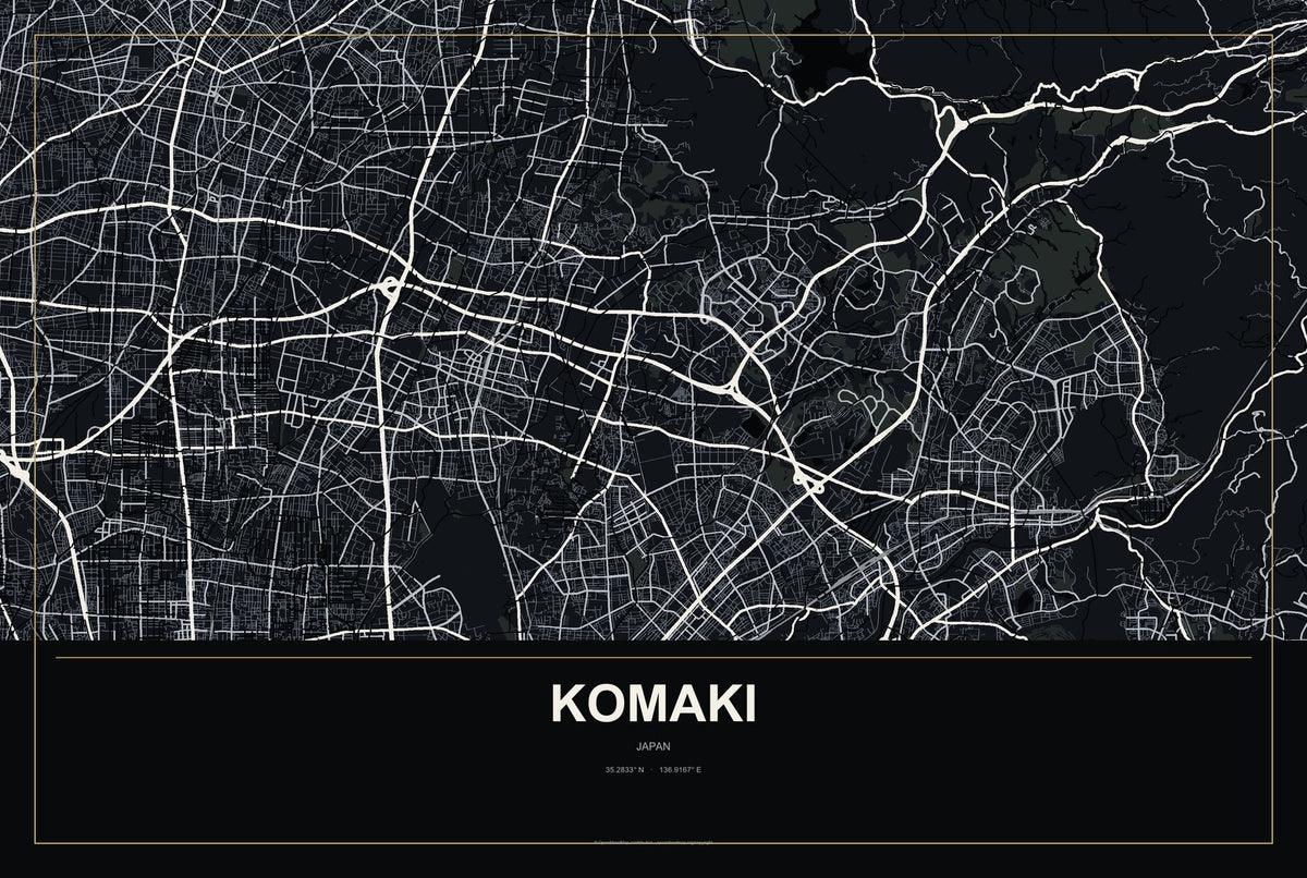 Komaki, Japan City Map Aluminum Sign in Metropolitan Noir style