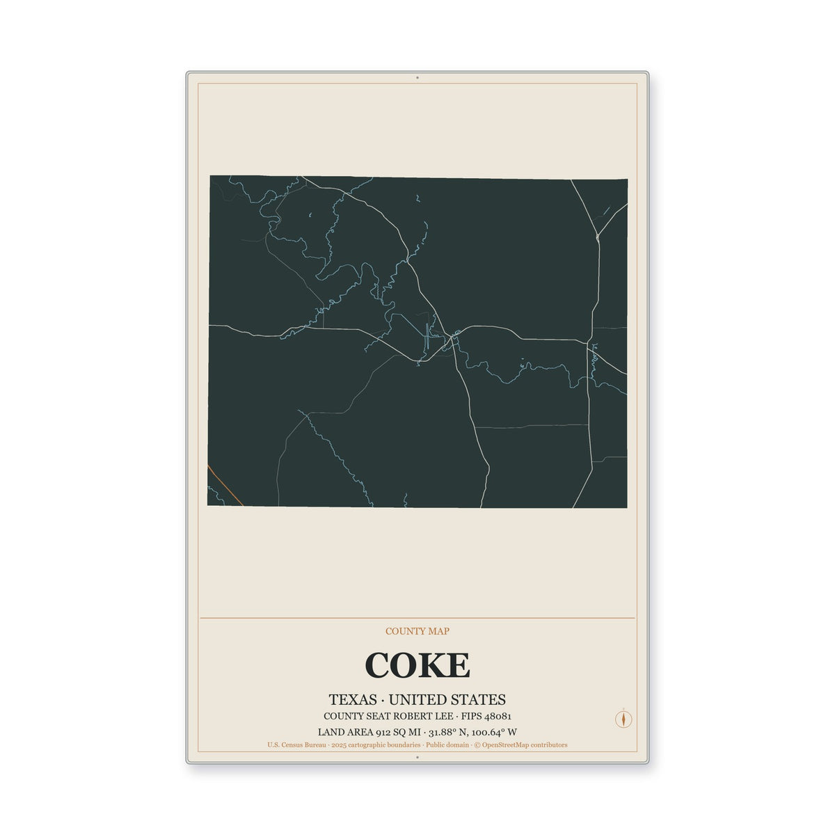 Coke County, Texas Map Aluminum Sign in Headline Atlas style