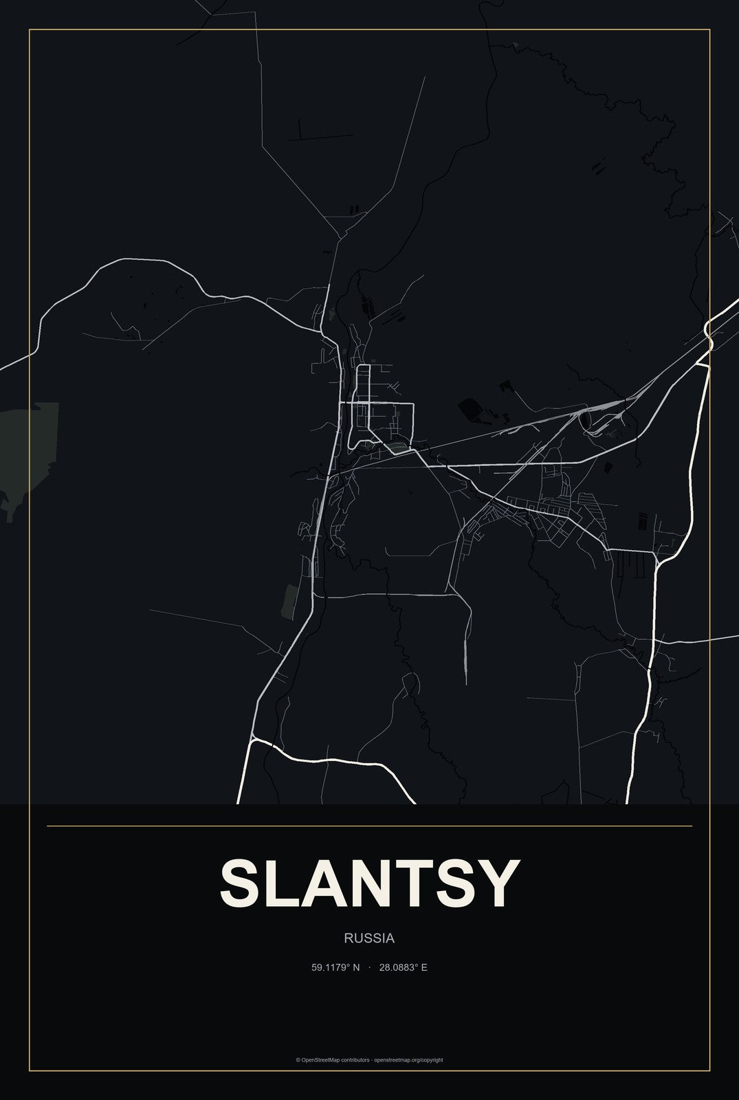Slantsy, Russia City Map Aluminum Sign in Metropolitan Noir style