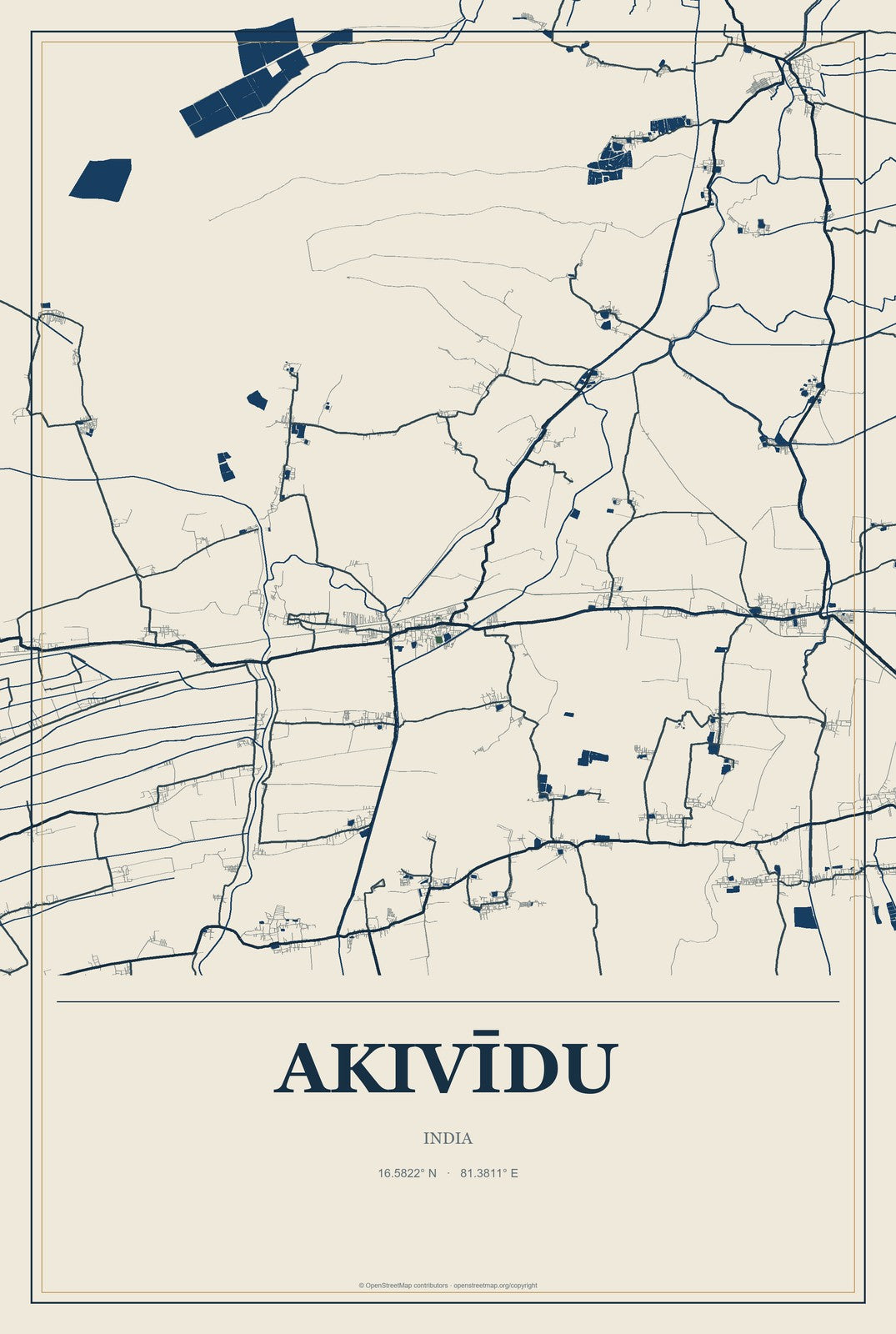 Akivīdu, India City Map Aluminum Sign in Coastal Cutout style