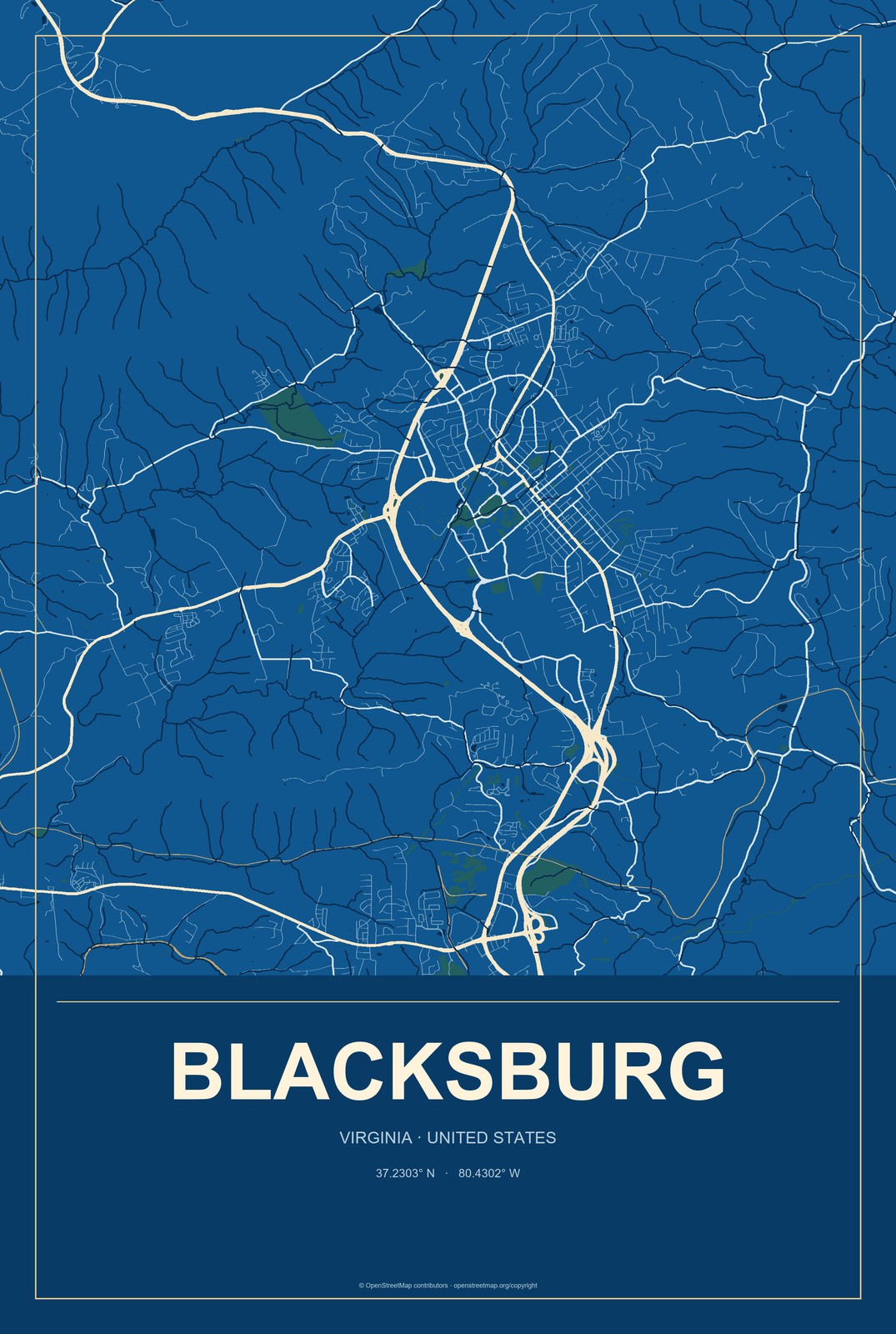Blacksburg, Virginia City Map Aluminum Sign in Harbor Cobalt style
