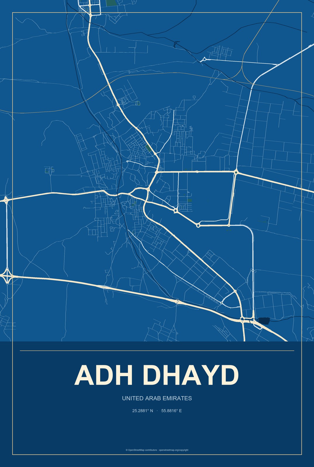 Adh Dhayd, United Arab Emirates City Map Aluminum Sign in Harbor Cobalt style