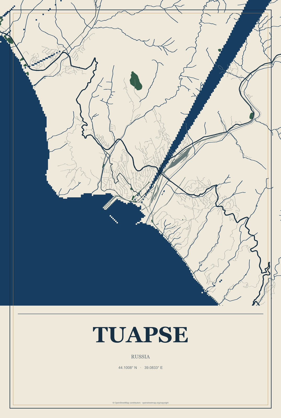 Tuapse, Russia City Map Aluminum Sign in Coastal Cutout style