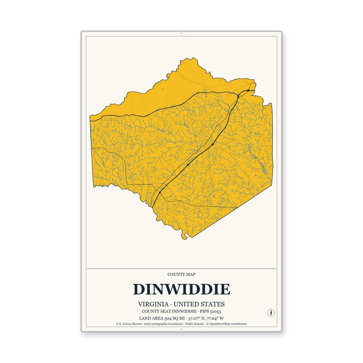 Dinwiddie County, Virginia Map Aluminum Sign in Citrine Modern style