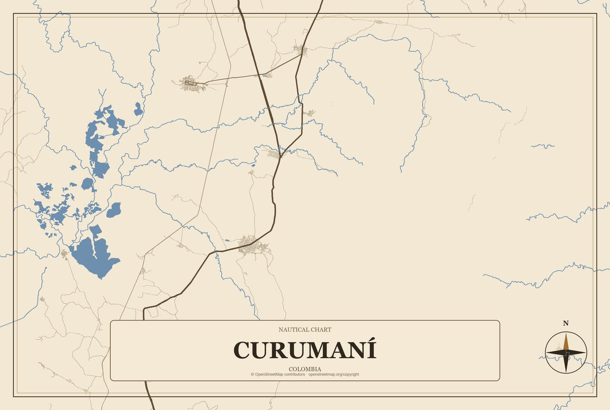 Curumaní, Colombia City Map Aluminum Sign in Heritage Nautical style