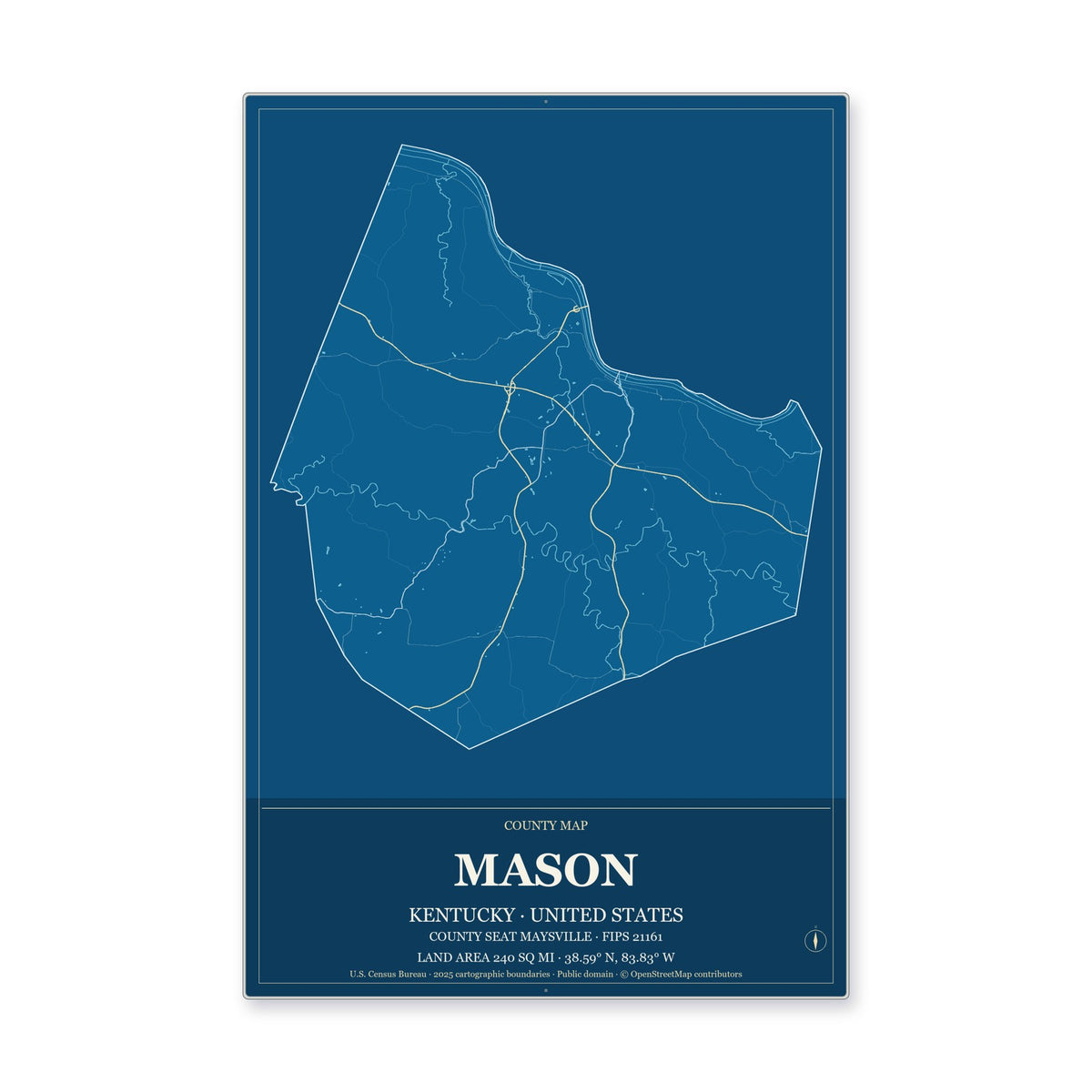 Mason County, Kentucky Map Aluminum Sign in Harbor Cobalt style