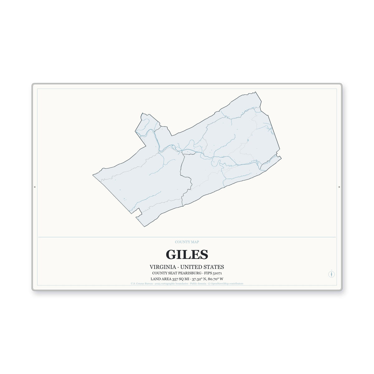 Giles County, Virginia Map Aluminum Sign in Gallery Air style