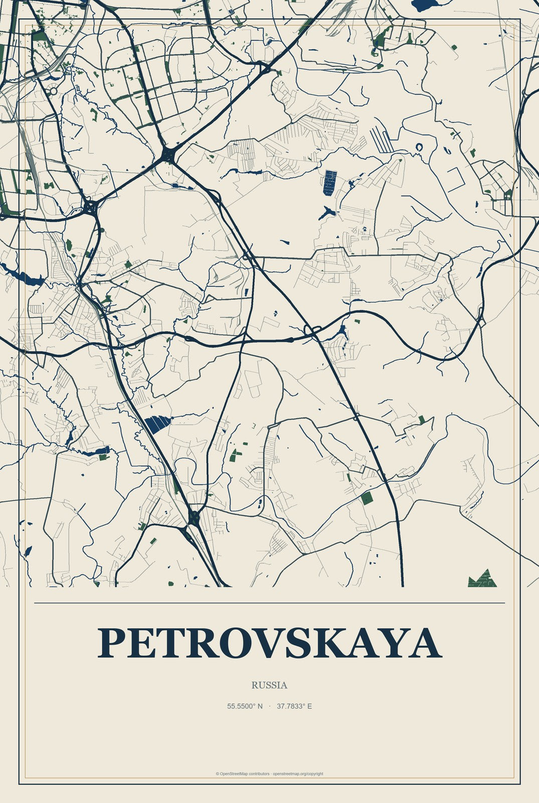Petrovskaya, Moscow Oblast, Russia City Map Aluminum Sign in Coastal Cutout style