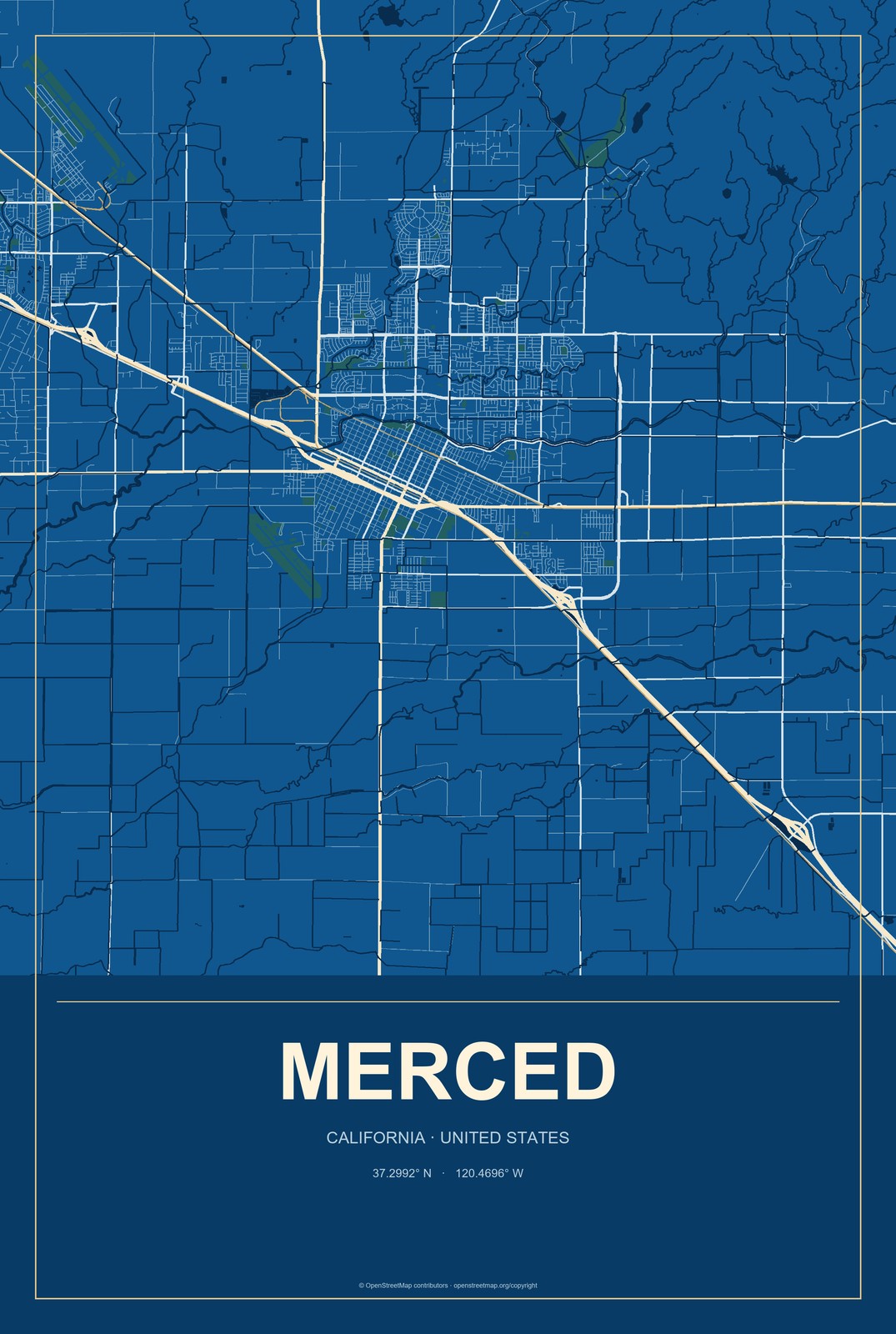 Merced, California City Map Aluminum Sign in Harbor Cobalt style