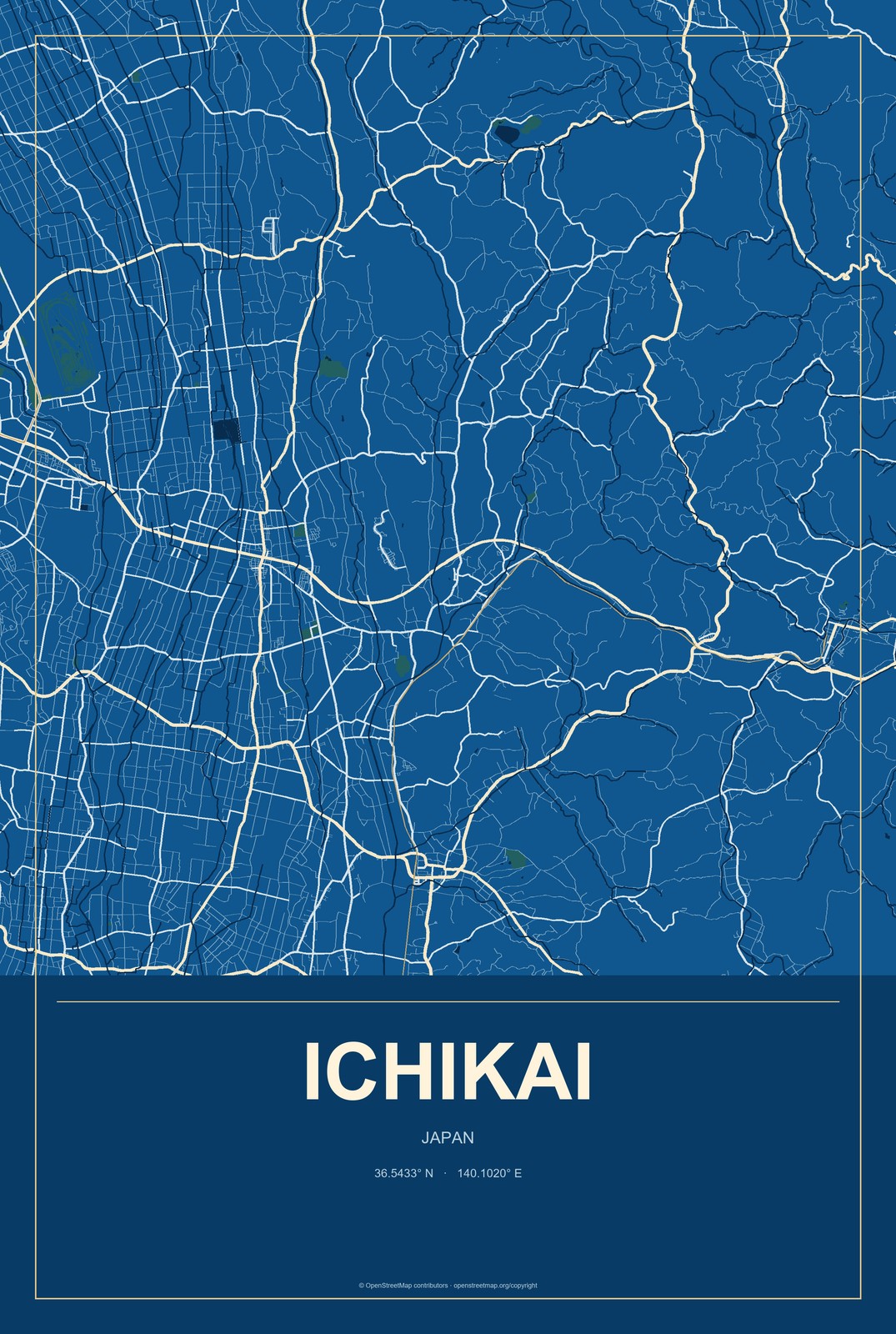 Ichikai, Japan City Map Aluminum Sign in Harbor Cobalt style