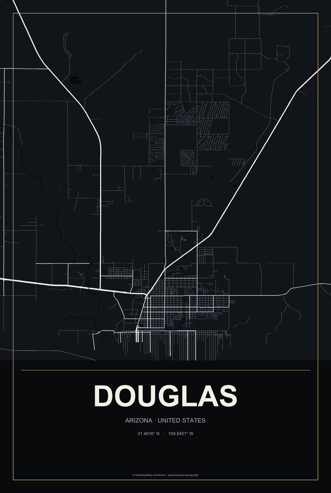 Douglas, Arizona City Map Aluminum Sign in Metropolitan Noir style
