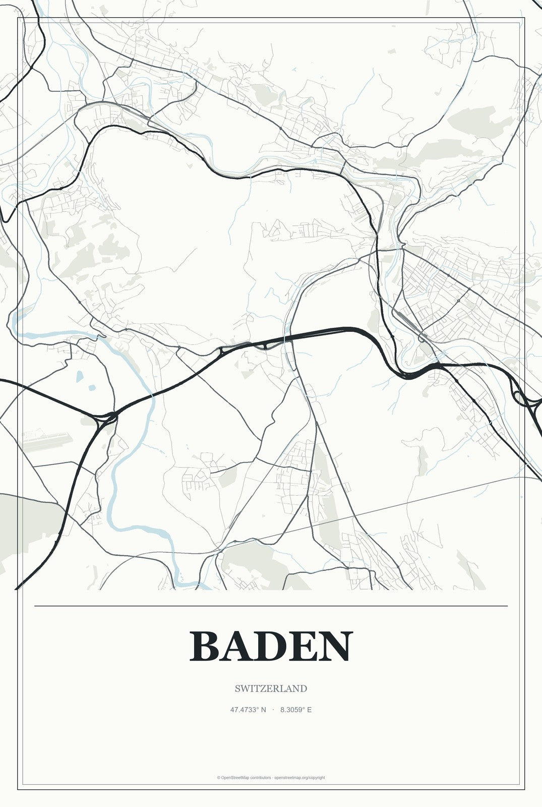 Baden, Switzerland City Map Aluminum Sign in Gallery Air style