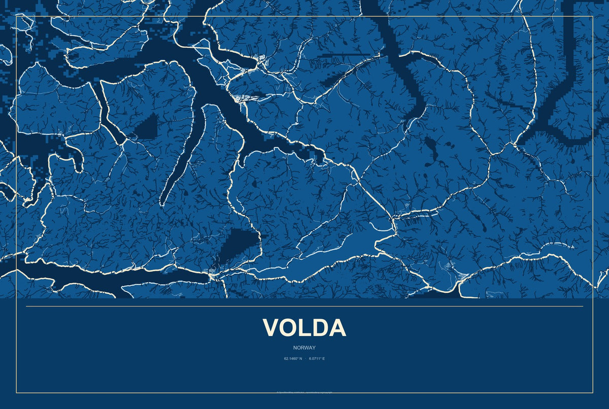 Volda, Norway City Map Aluminum Sign in Harbor Cobalt style