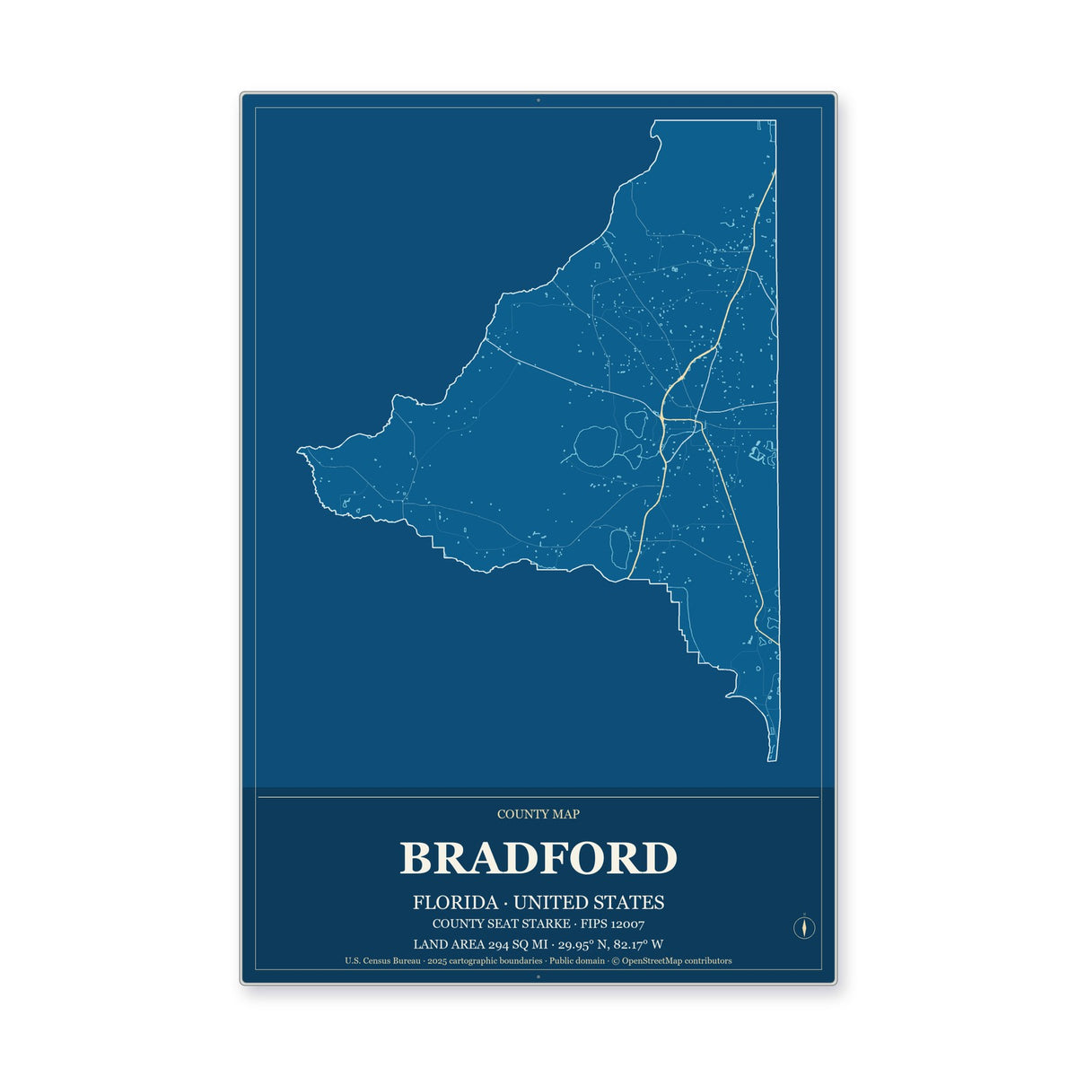 Bradford County, Florida Map Aluminum Sign in Harbor Cobalt style
