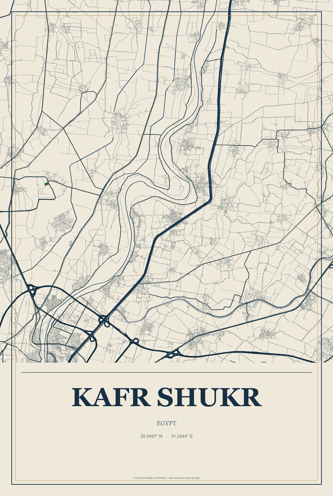 Kafr Shukr, Egypt City Map Aluminum Sign in Coastal Cutout style