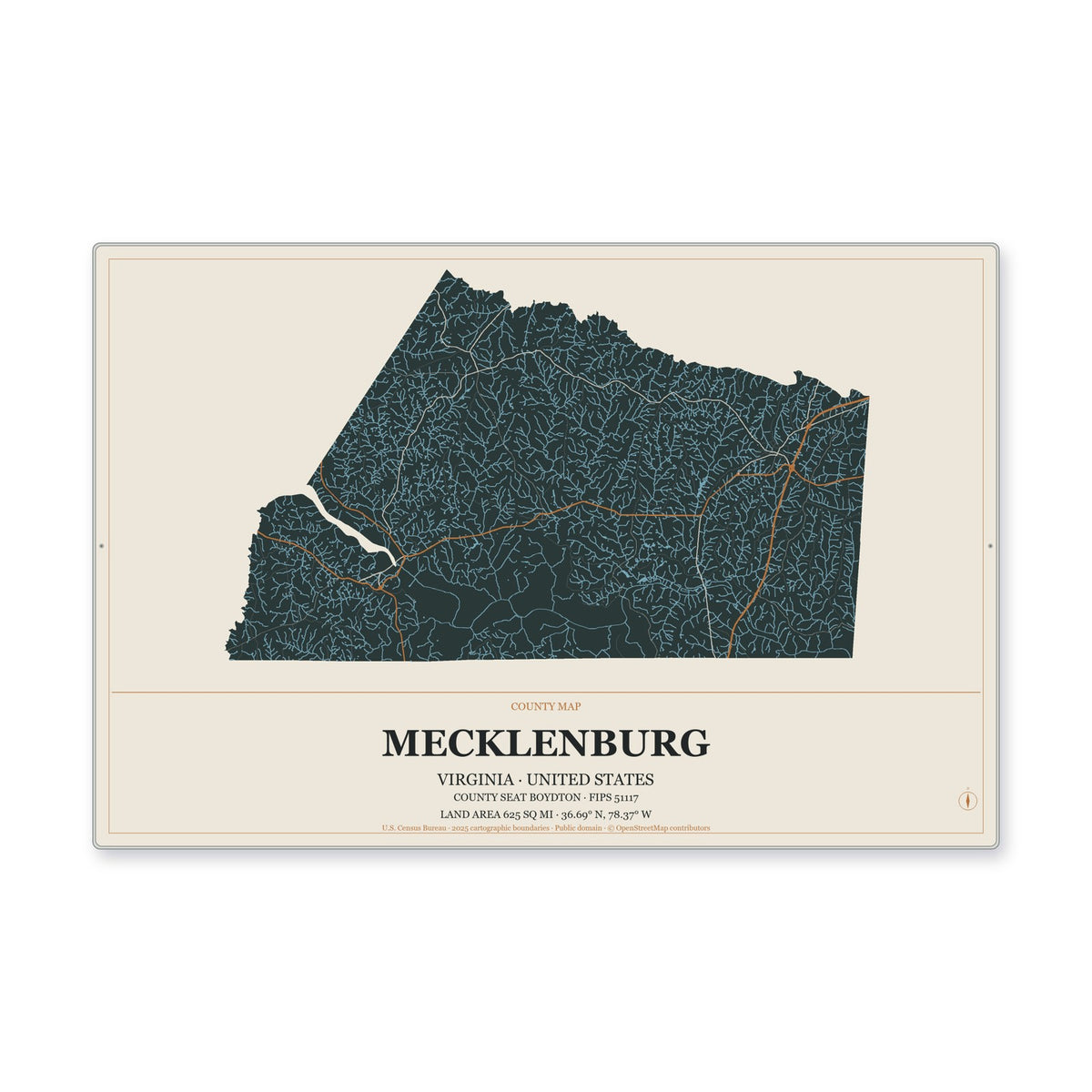 Mecklenburg County, Virginia Map Aluminum Sign in Headline Atlas style