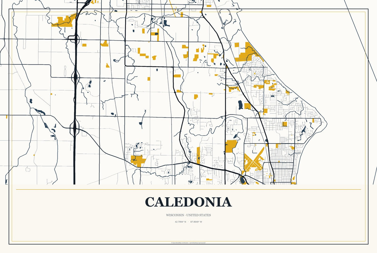 Caledonia, Wisconsin City Map Aluminum Sign in Citrine Modern style