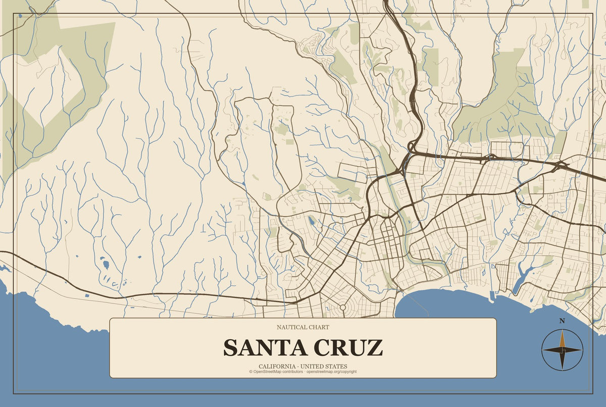Santa Cruz, California City Map Aluminum Sign in Heritage Nautical style