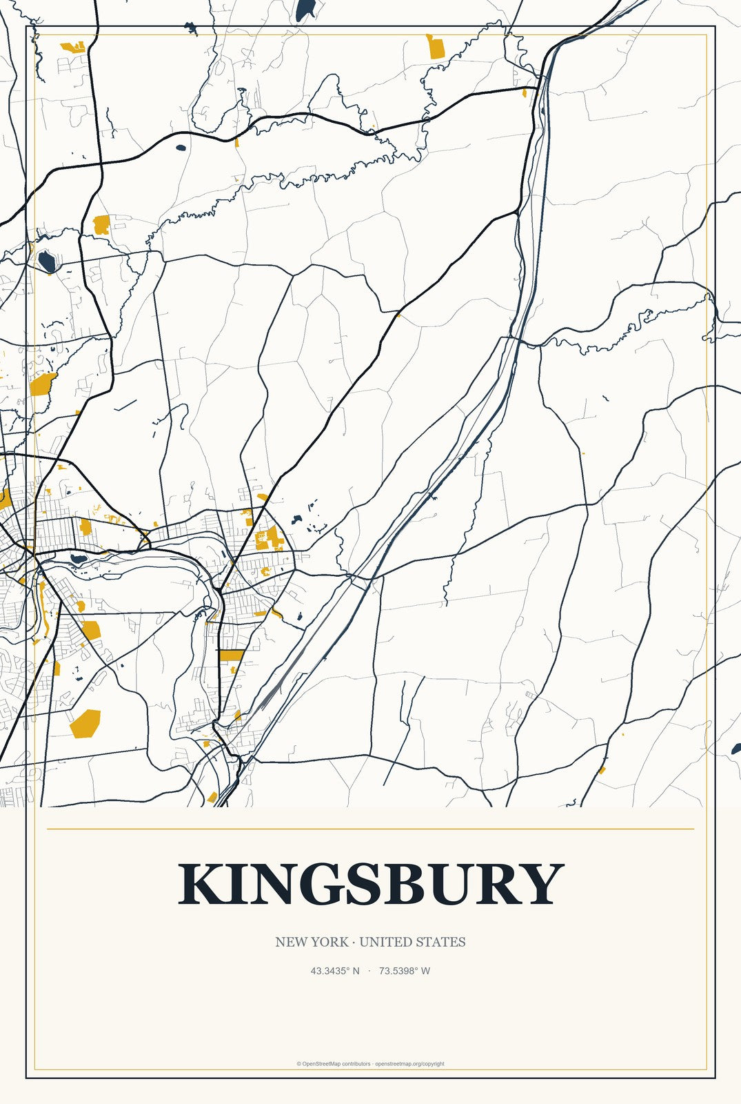 Kingsbury, New York City Map Aluminum Sign in Citrine Modern style