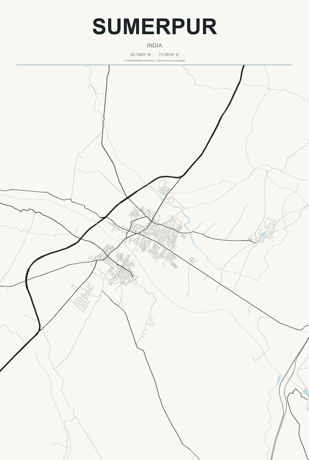 Sumerpur, India City Map Aluminum Sign in Headline Atlas style