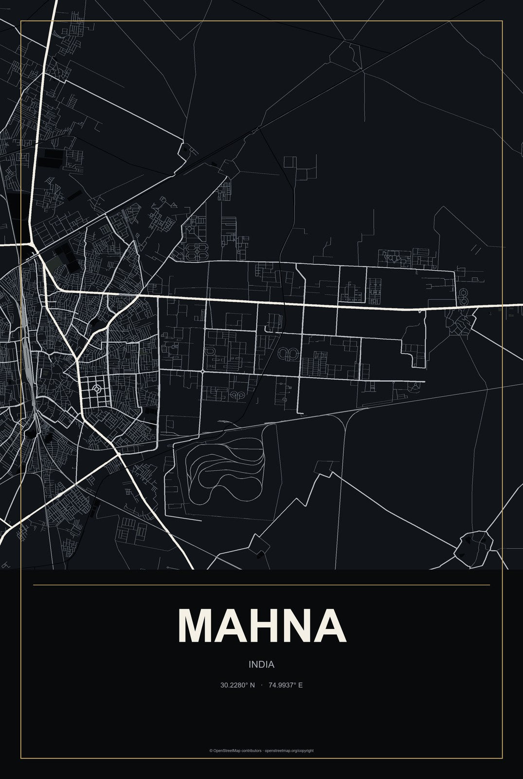 Mahna, India City Map Aluminum Sign in Metropolitan Noir style