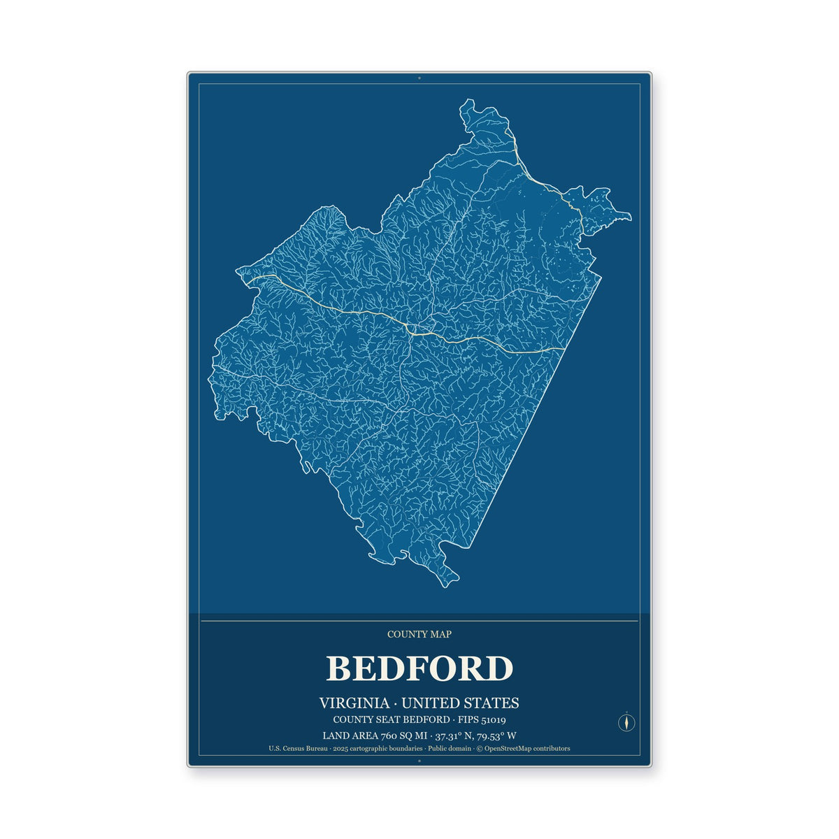 Bedford County, Virginia Map Aluminum Sign in Harbor Cobalt style