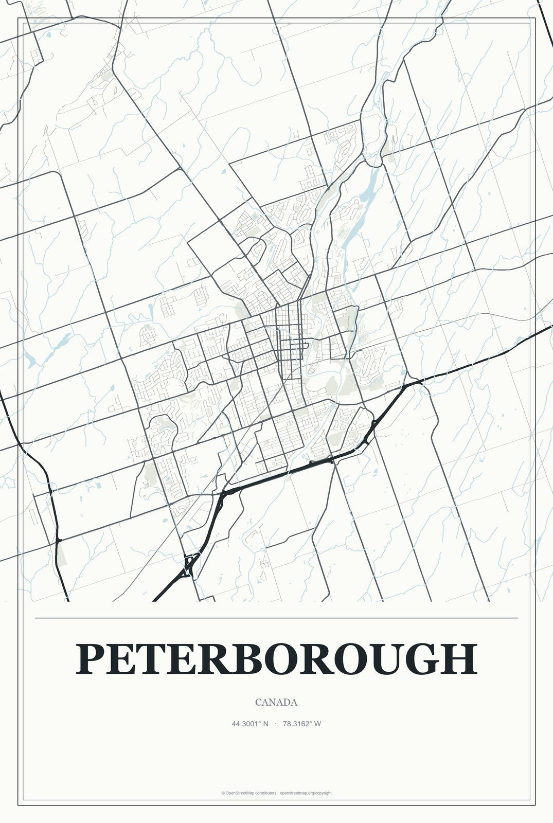 Peterborough, Canada City Map Aluminum Sign in Gallery Air style