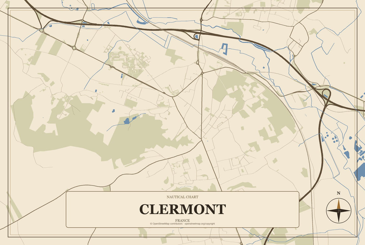 Clermont, France City Map Aluminum Sign in Heritage Nautical style