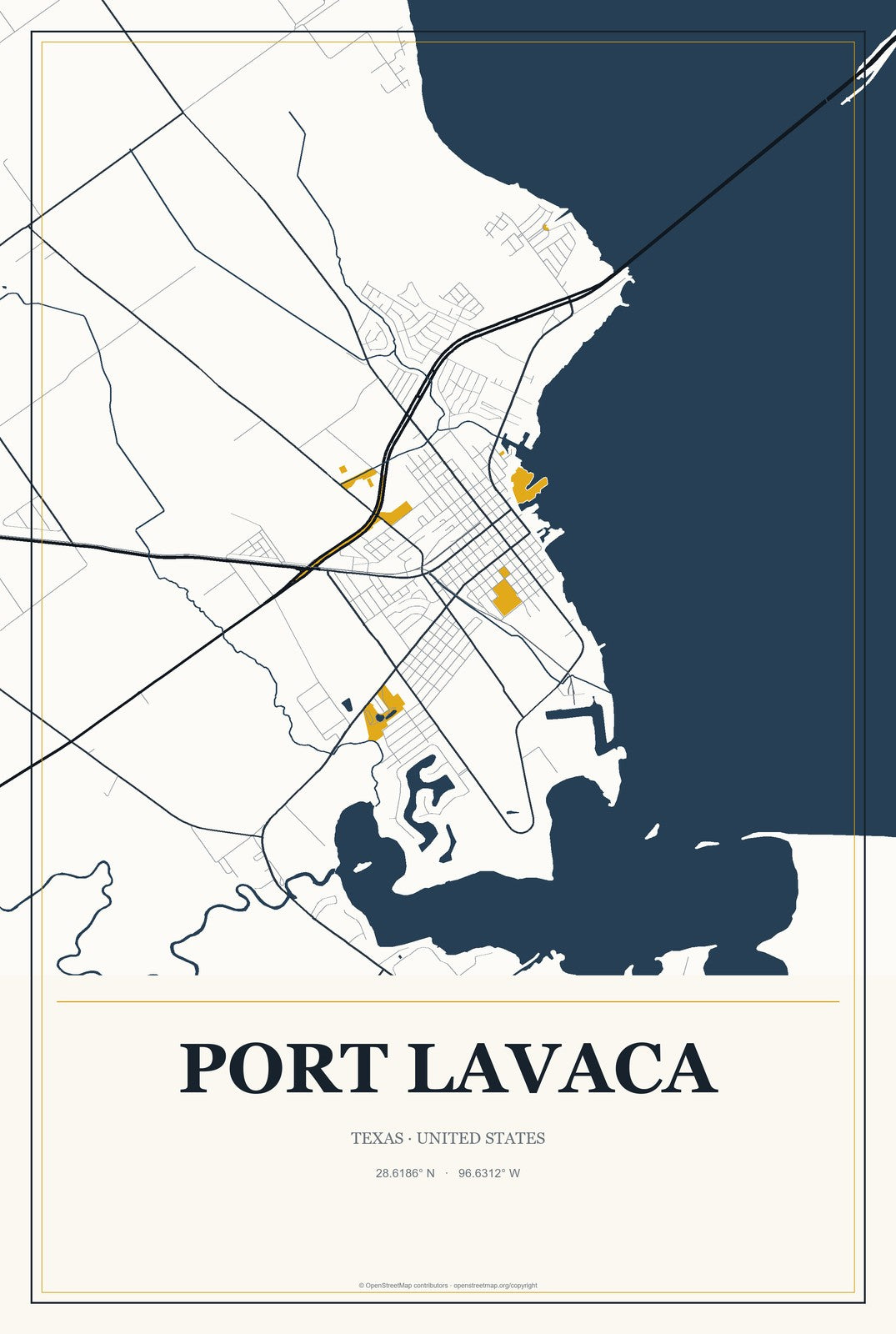 Port Lavaca, Texas City Map Aluminum Sign in Citrine Modern style