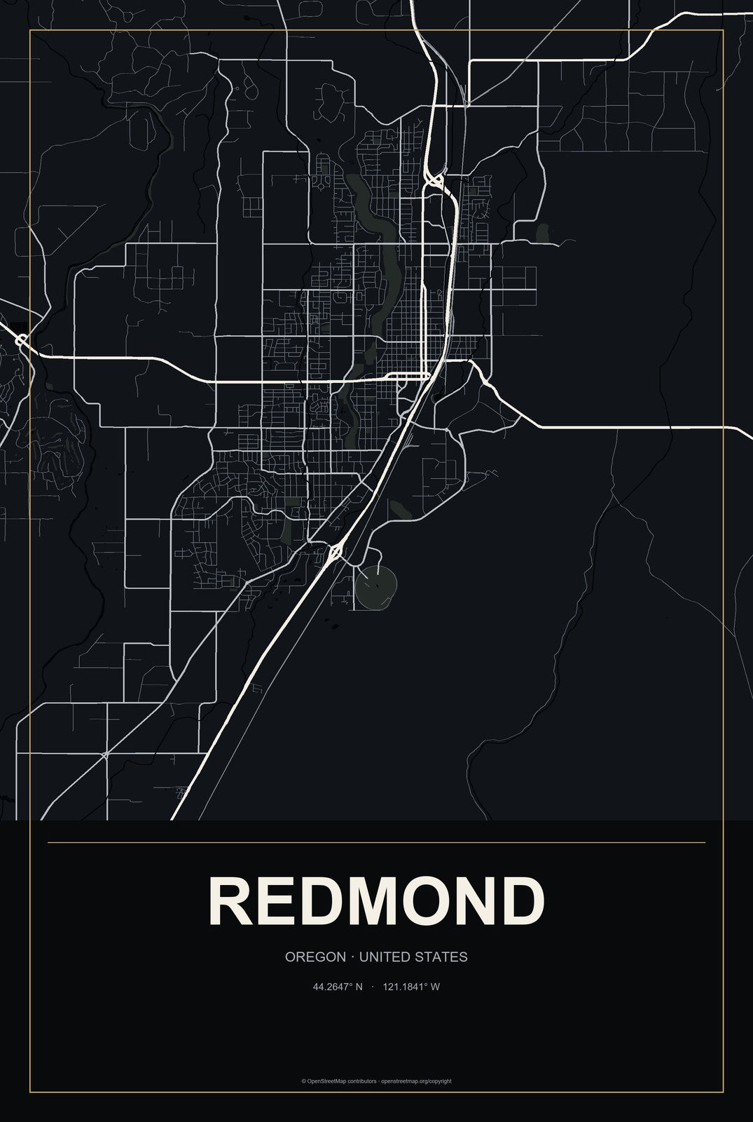 Redmond, Oregon City Map Aluminum Sign in Metropolitan Noir style