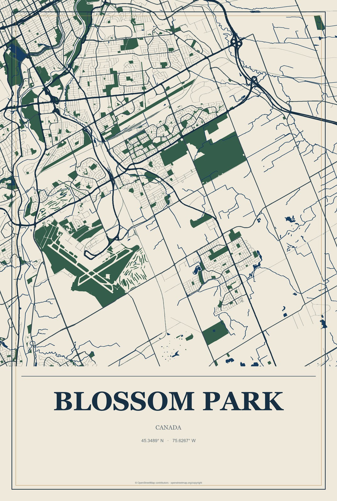 Blossom Park, Canada City Map Aluminum Sign in Coastal Cutout style