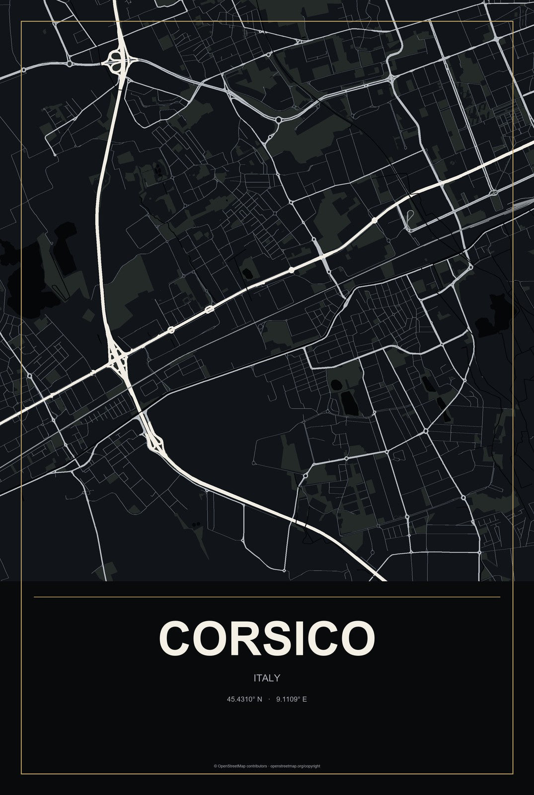 Corsico, Italy City Map Aluminum Sign in Metropolitan Noir style