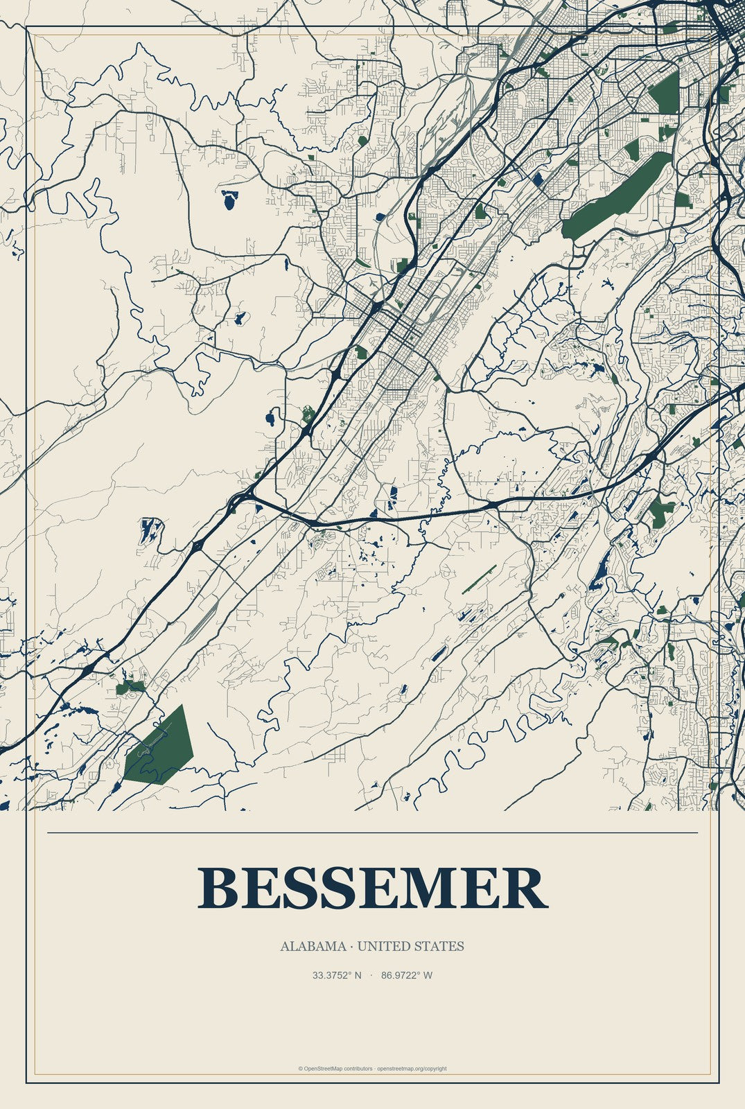 Bessemer, Alabama City Map Aluminum Sign in Coastal Cutout style