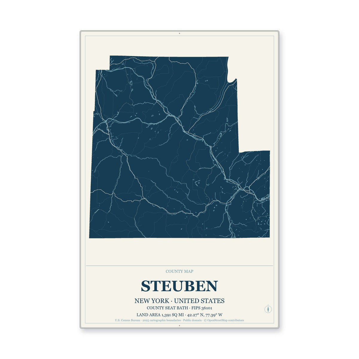 Steuben County, New York Map Aluminum Sign in Coastal Cutout style