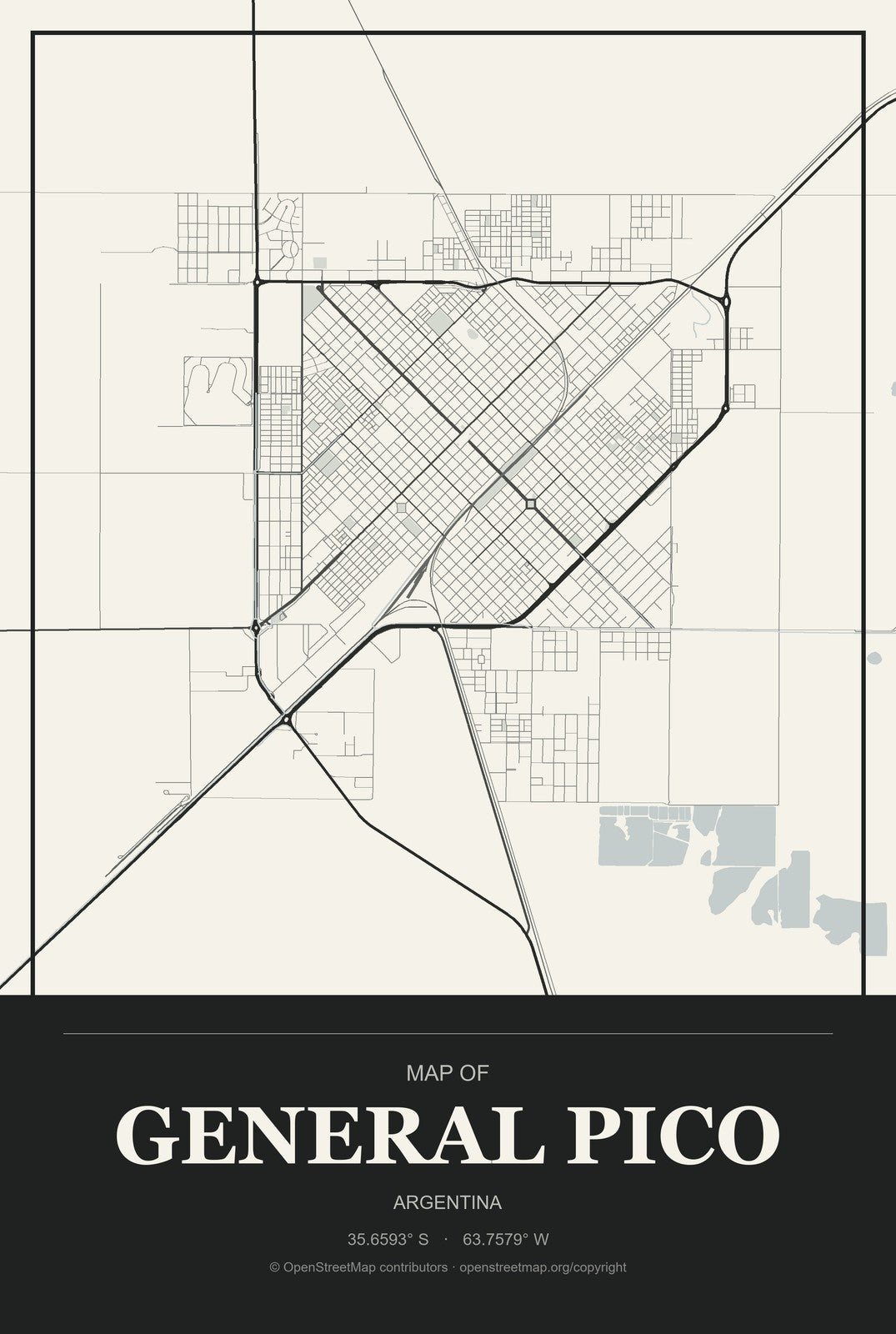 General Pico, Argentina City Map Aluminum Sign in Museum Plaque style