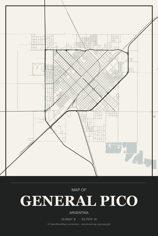 General Pico, Argentina City Map Aluminum Sign in Museum Plaque style