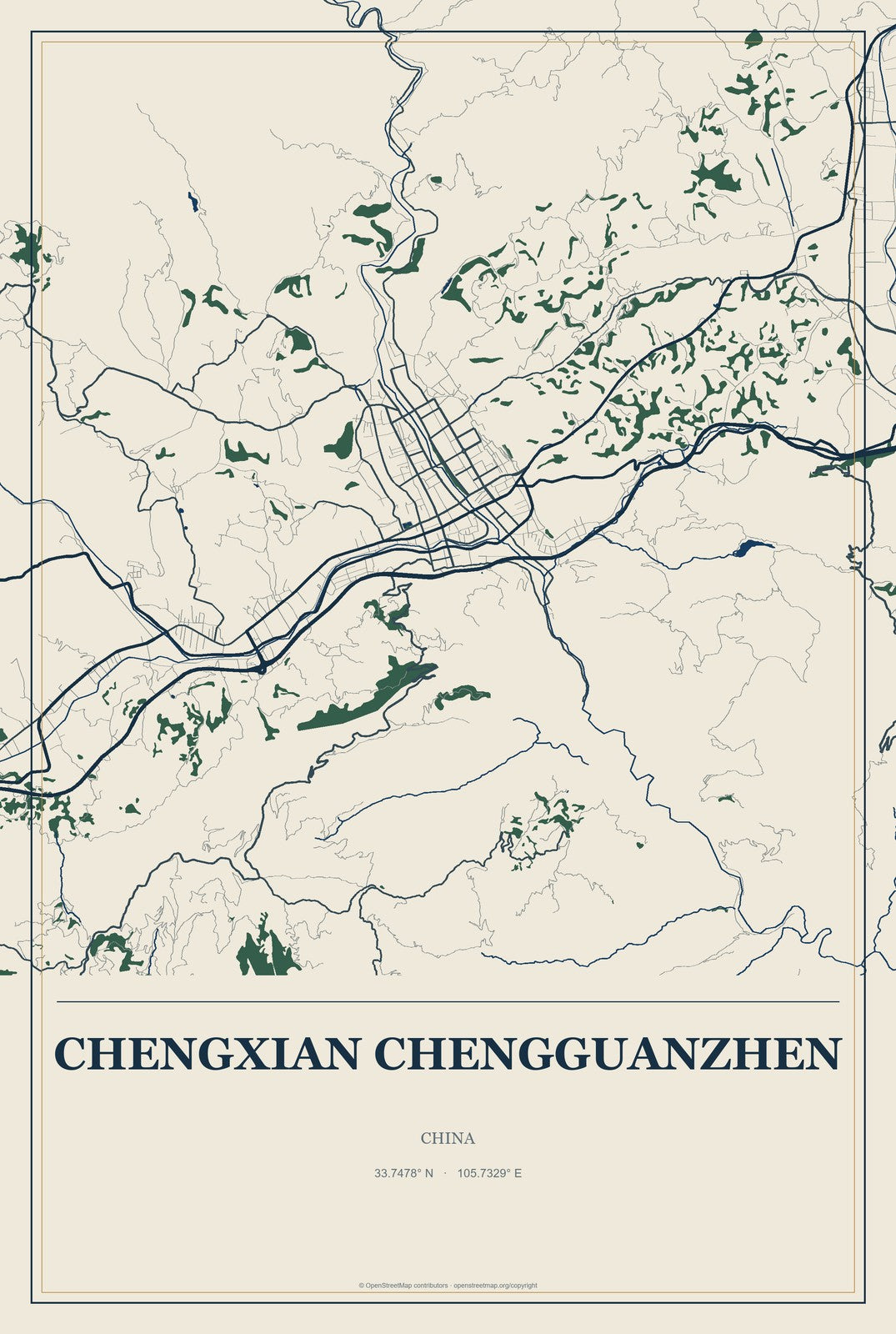 Chengxian Chengguanzhen, China City Map Aluminum Sign in Coastal Cutout style