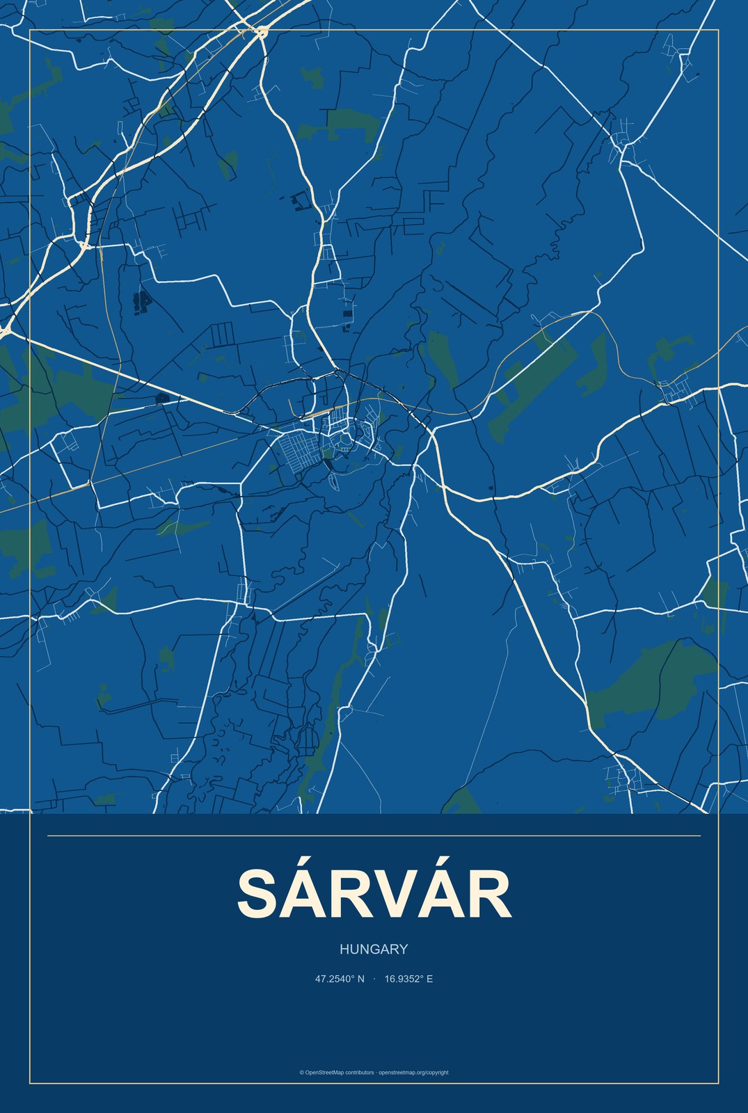 Sárvár, Hungary City Map Aluminum Sign in Harbor Cobalt style