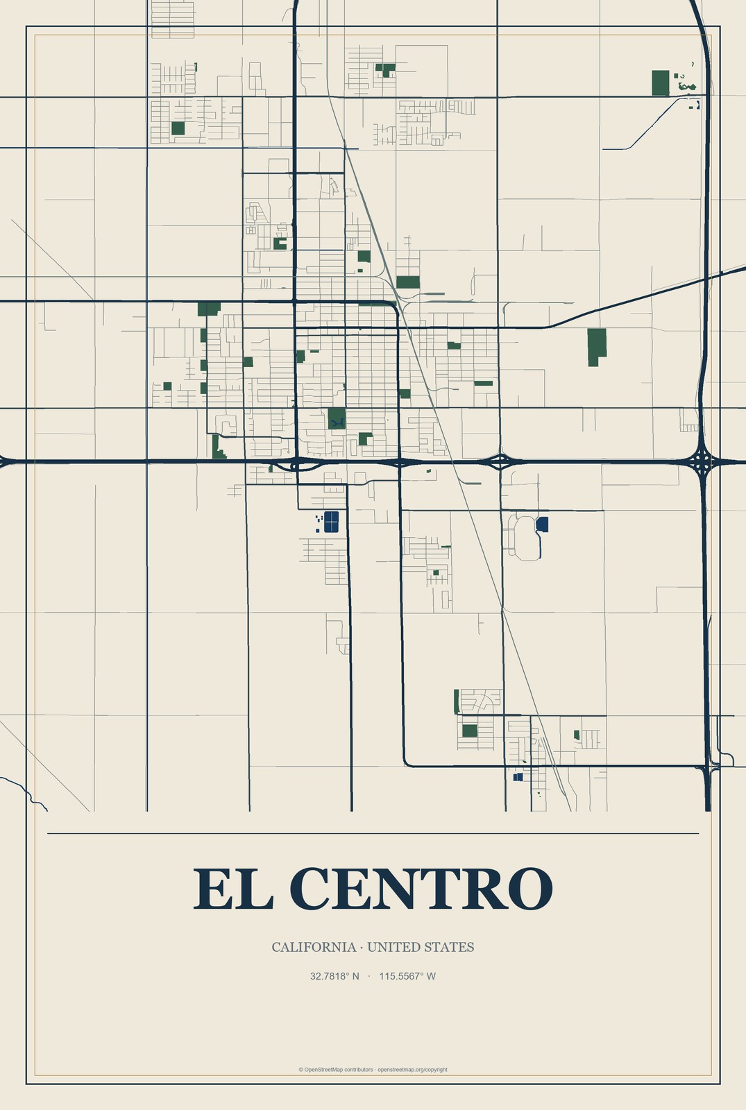 El Centro, California City Map Aluminum Sign in Coastal Cutout style