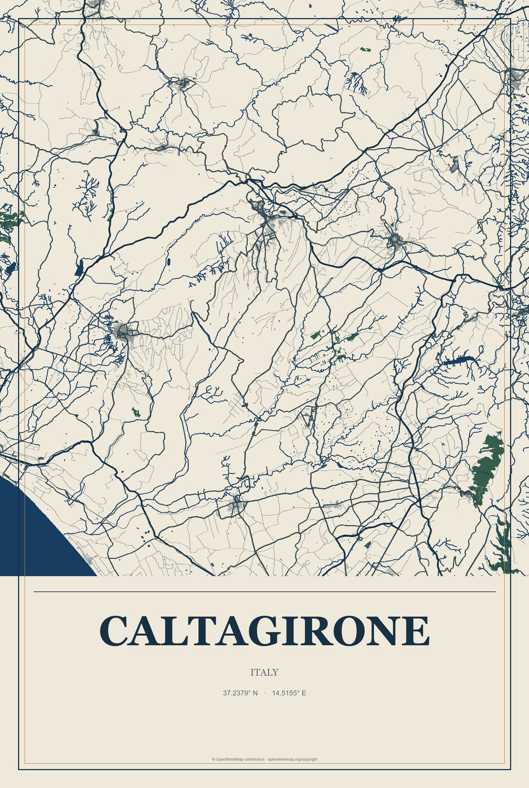 Caltagirone, Italy City Map Aluminum Sign in Coastal Cutout style