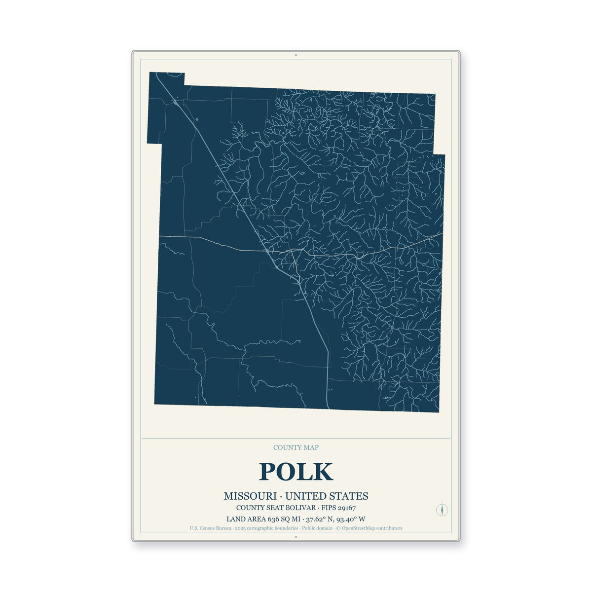 Polk County, Missouri Map Aluminum Sign in Coastal Cutout style