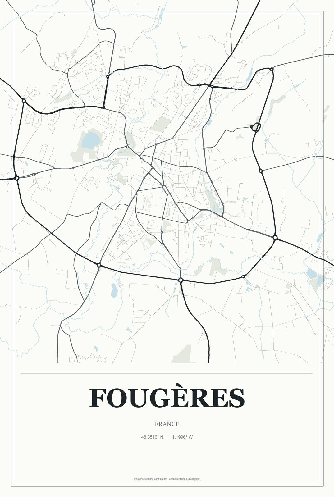 Fougères, France City Map Aluminum Sign in Gallery Air style