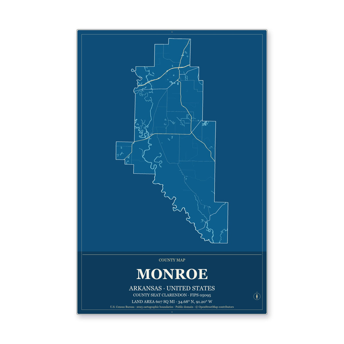 Monroe County, Arkansas Map Aluminum Sign in Harbor Cobalt style