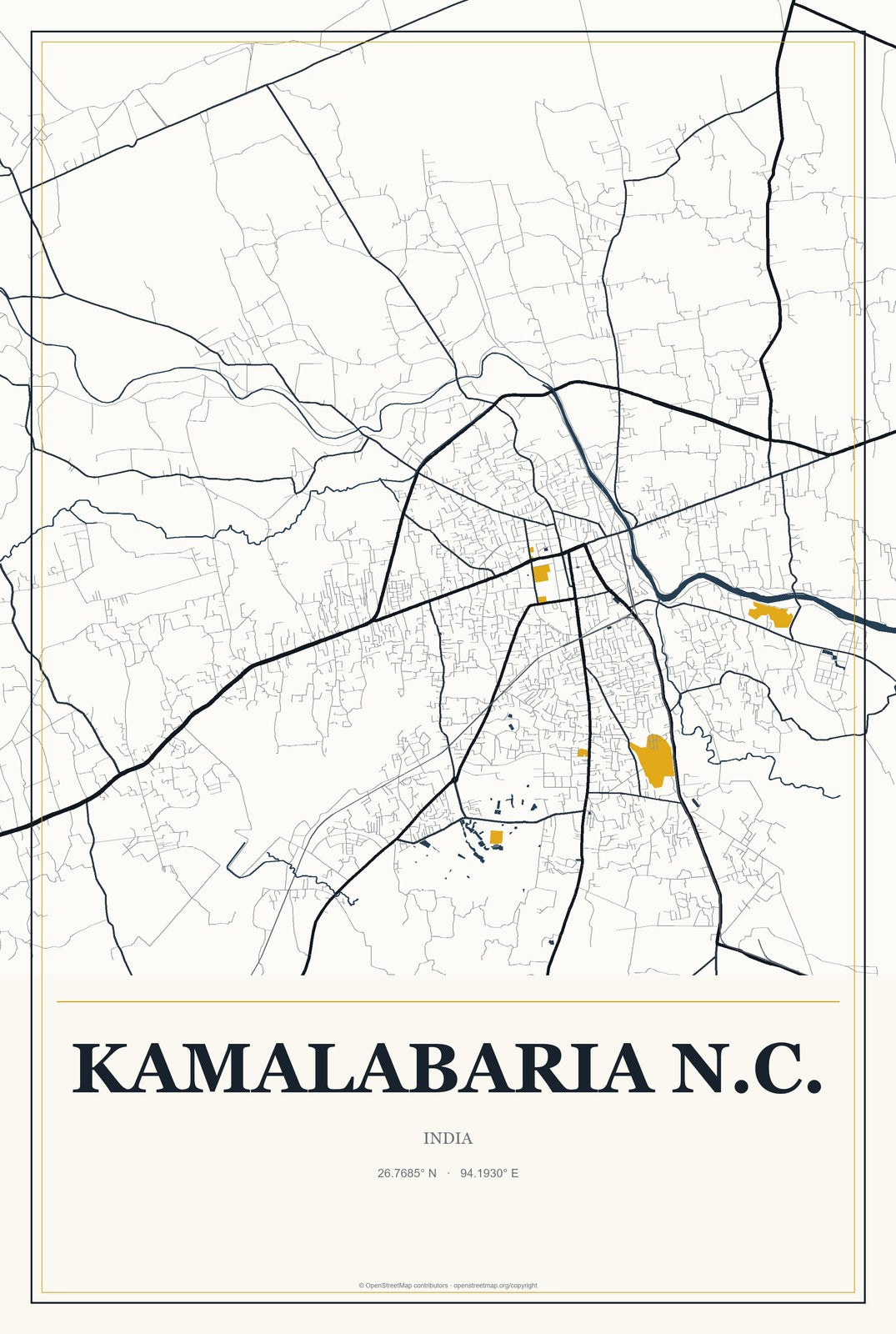 Kamalabaria N.C., India City Map Aluminum Sign in Citrine Modern style