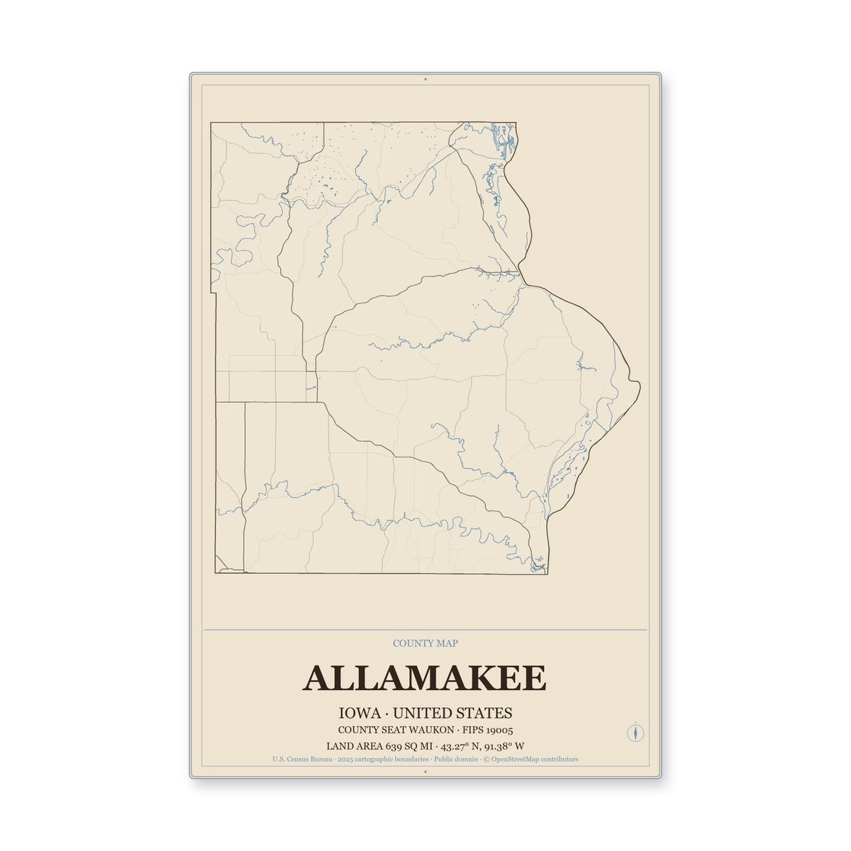 Allamakee County, Iowa Map Aluminum Sign in Heritage Nautical style