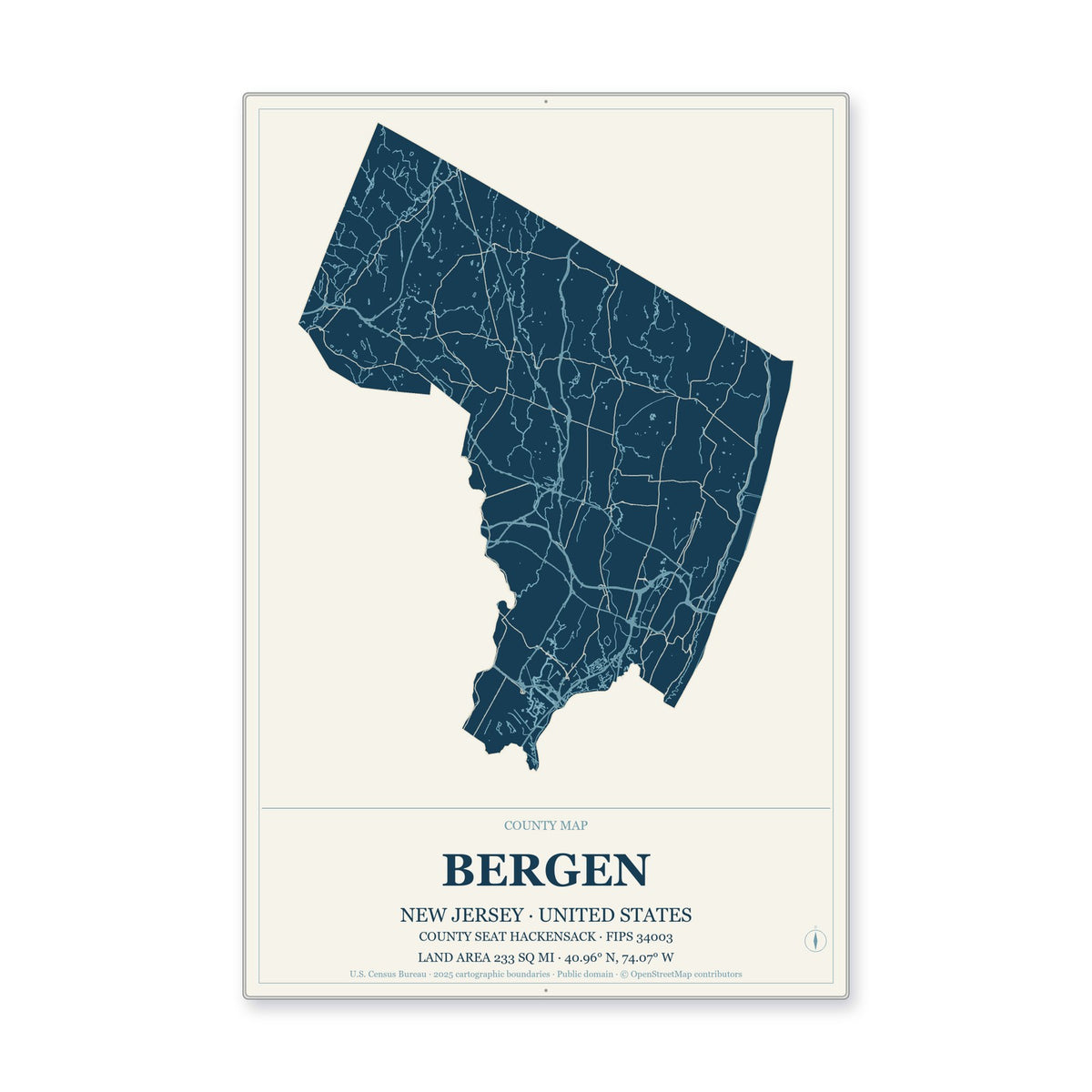 Bergen County, New Jersey Map Aluminum Sign in Coastal Cutout style