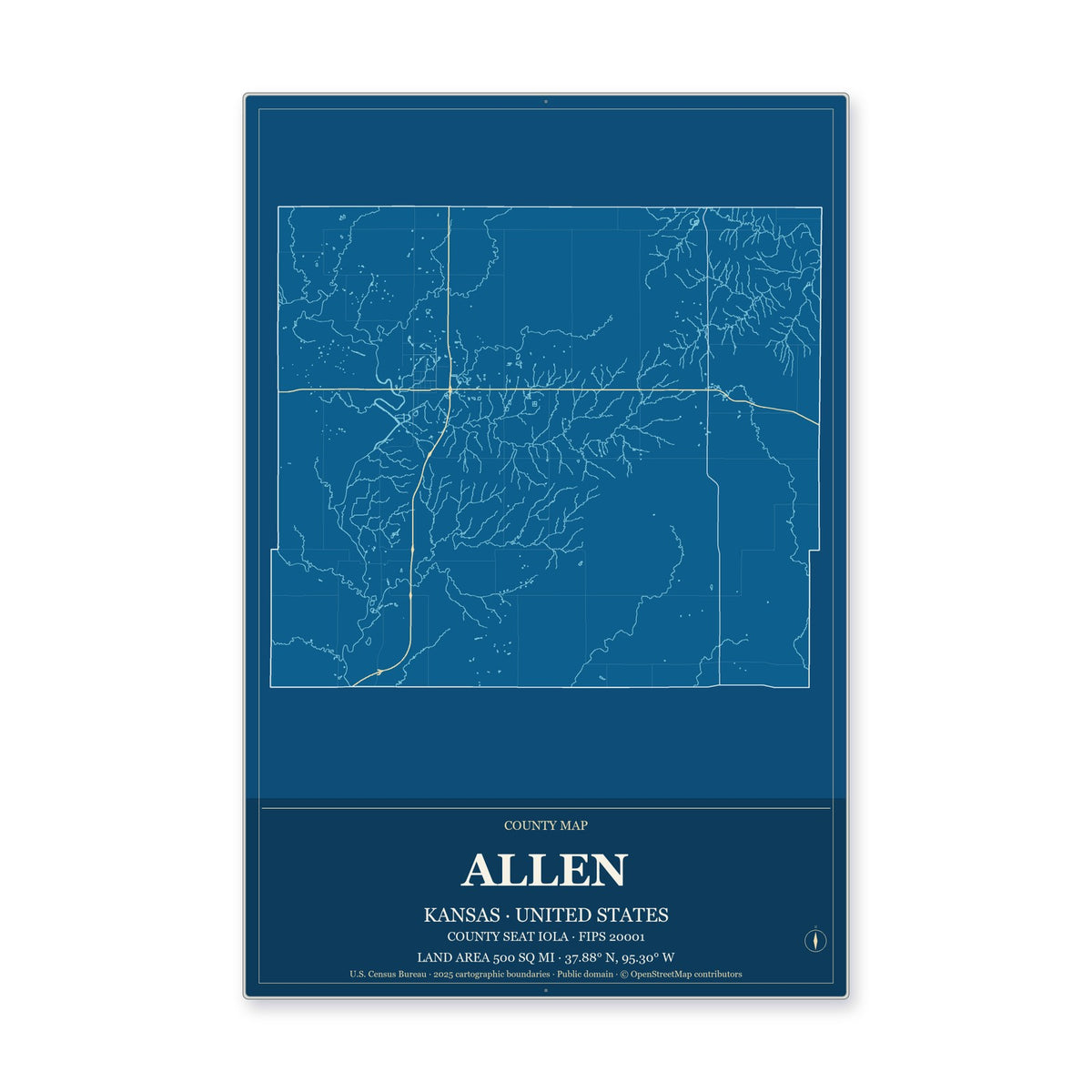 Allen County, Kansas Map Aluminum Sign in Harbor Cobalt style