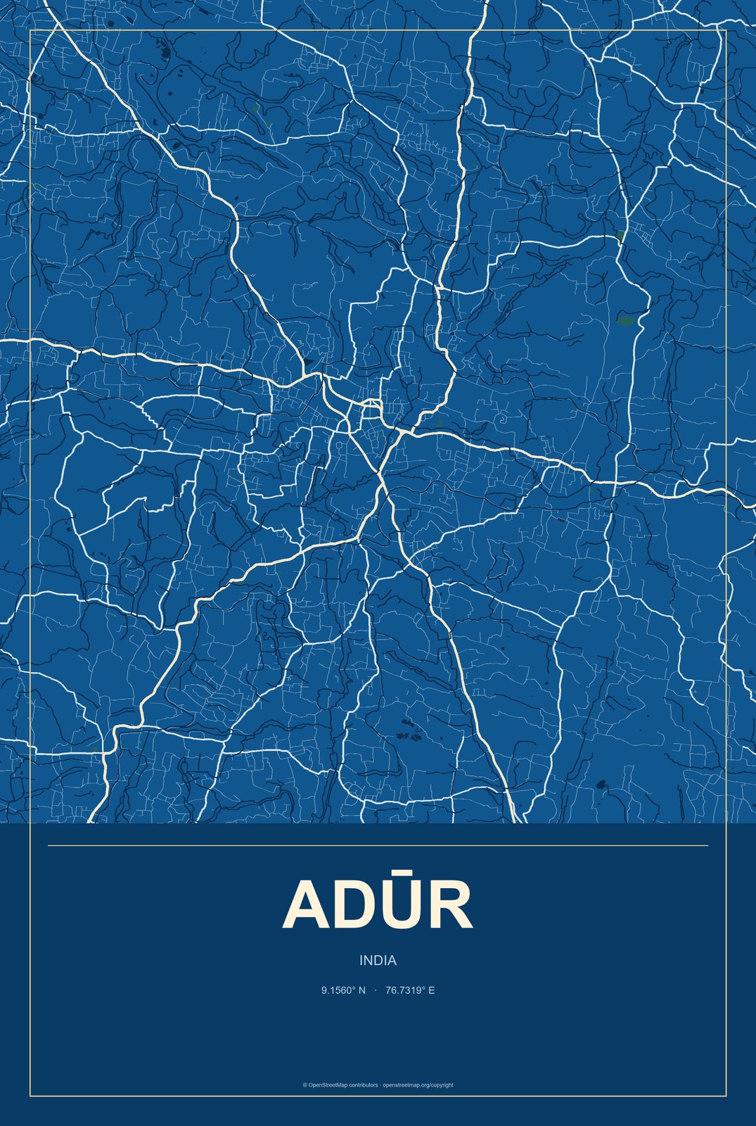 Adūr, India City Map Aluminum Sign in Harbor Cobalt style